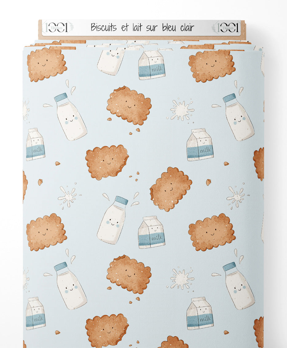 Tissu - Biscuits et lait sur bleu clair