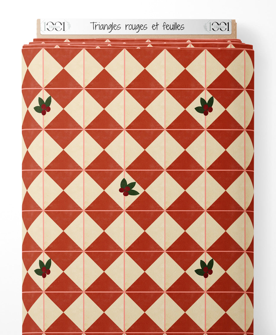 Tissu - Triangles rouges et feuilles