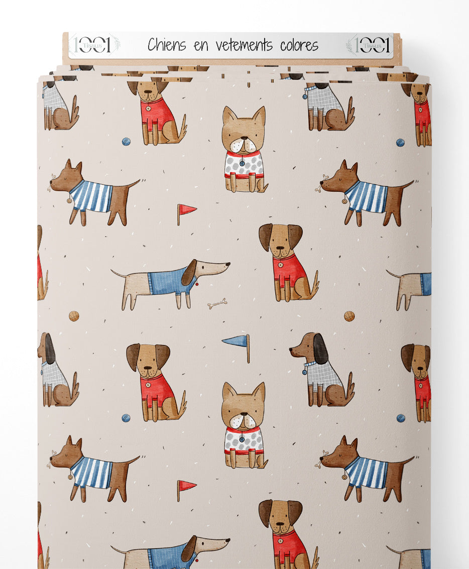 Tissu - Chiens en vêtements colorés