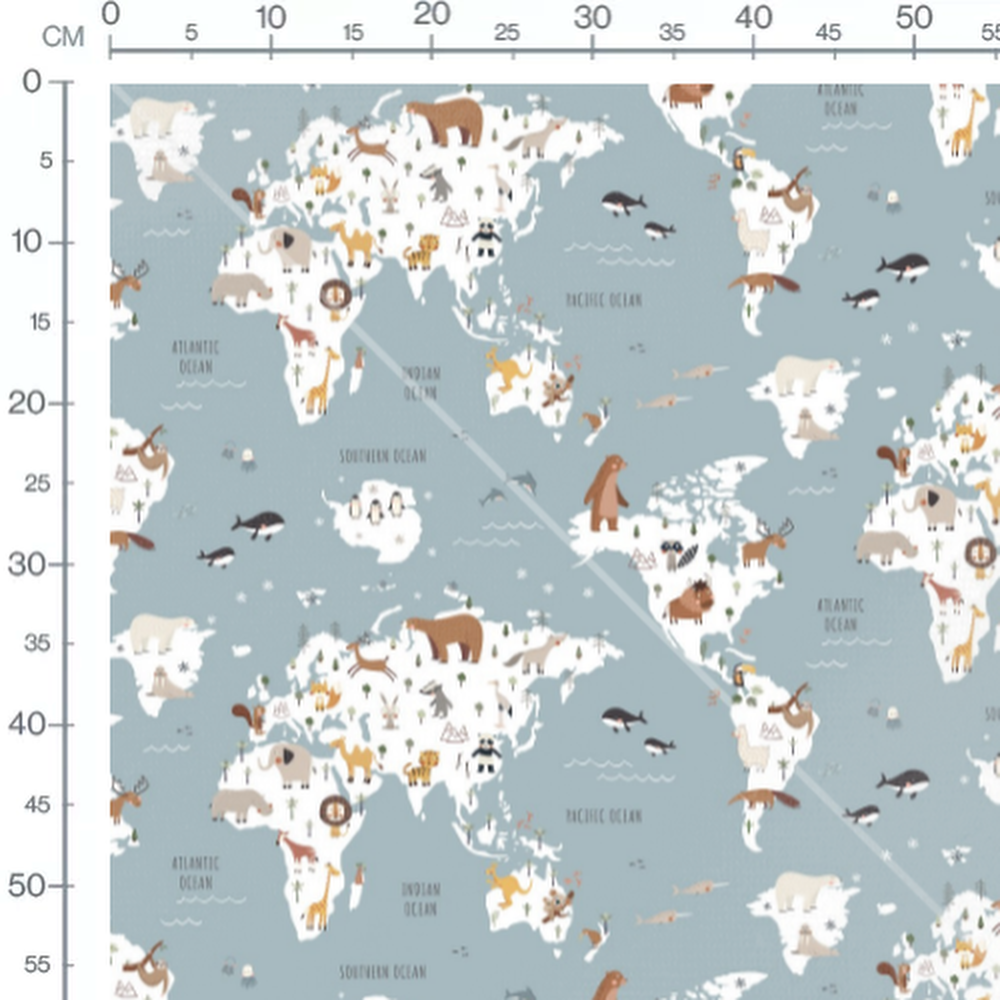 Tissu - Carte animaux sur fond bleu