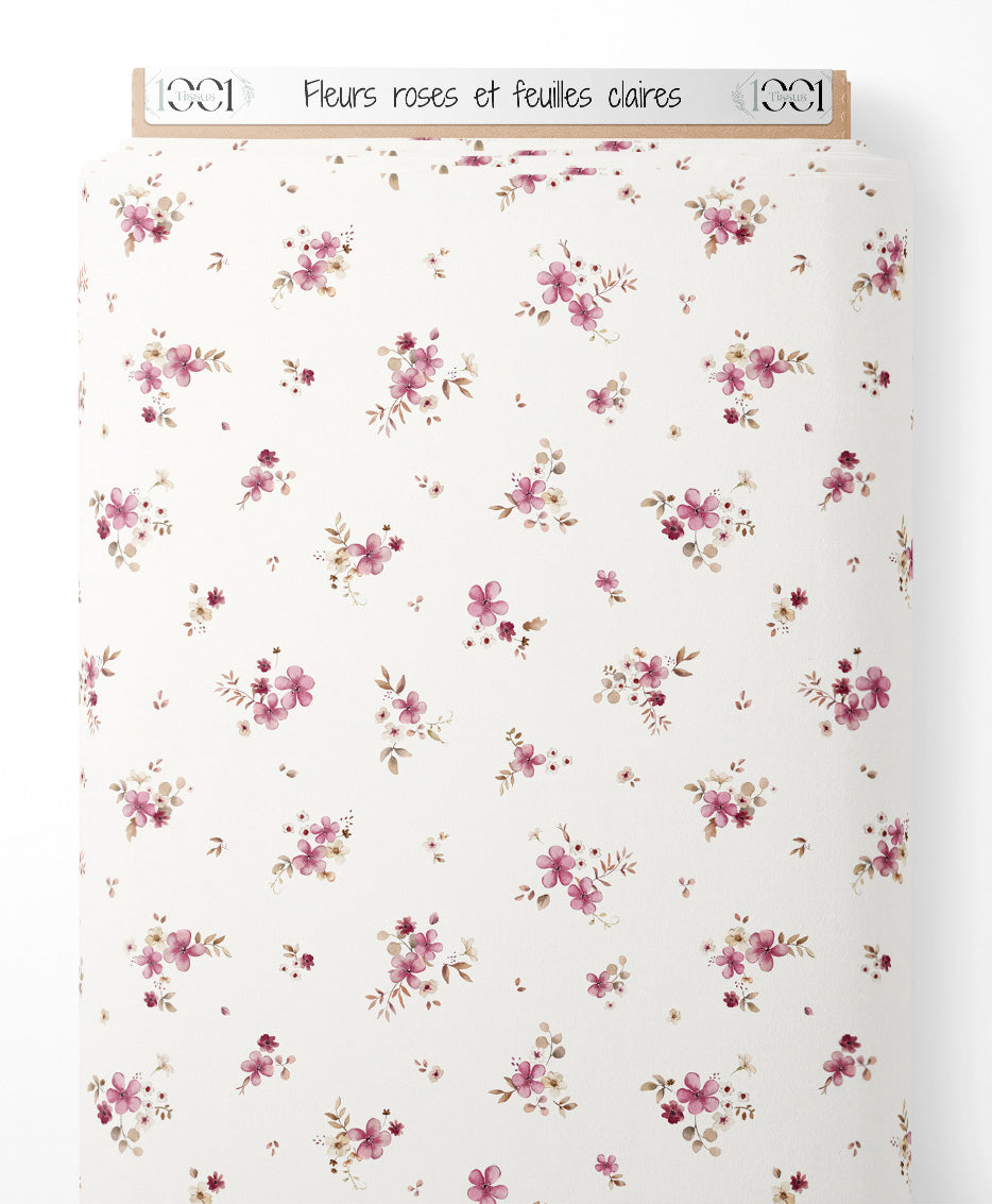 Tissu - Fleurs roses et feuilles claires