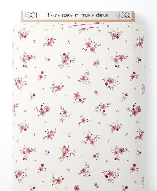 Tissu - Fleurs roses et feuilles claires