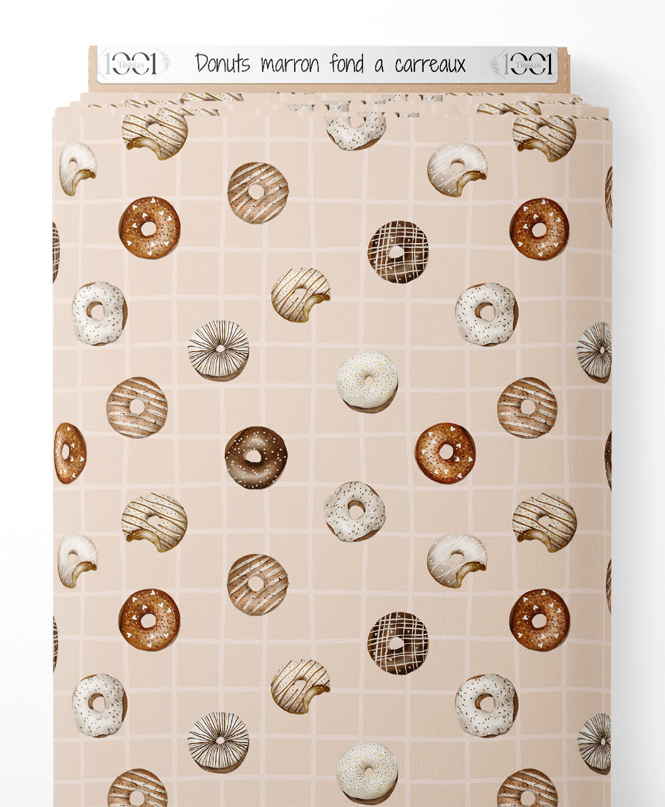 Tissu - Donuts marron sur fond à carreaux