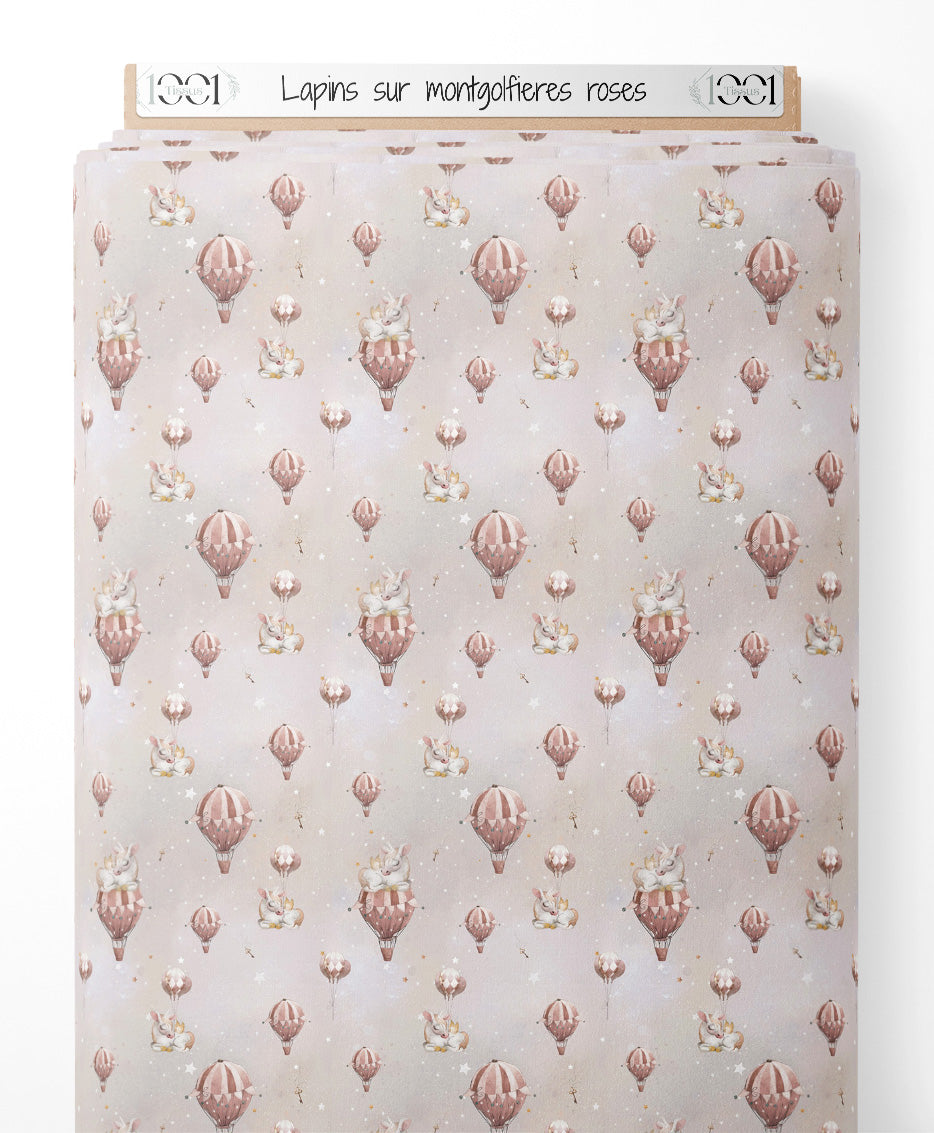 Tissu - Lapins sur montgolfières roses