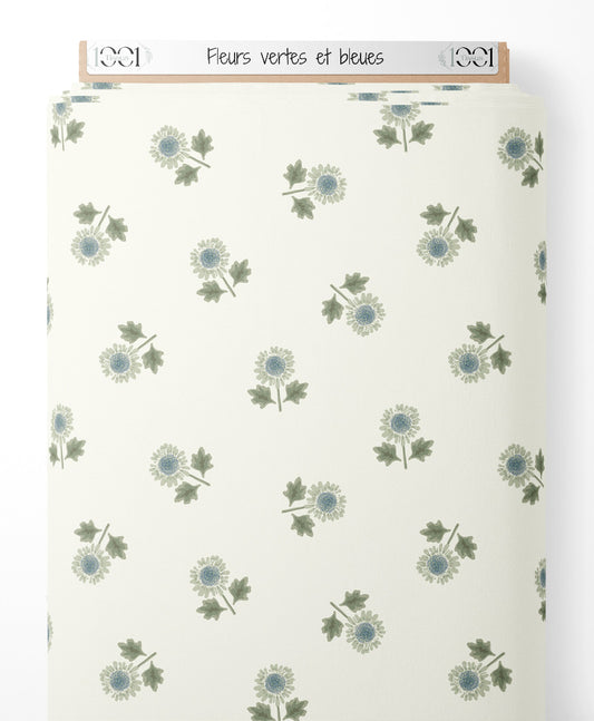 Tissu - Fleurs vertes et bleues