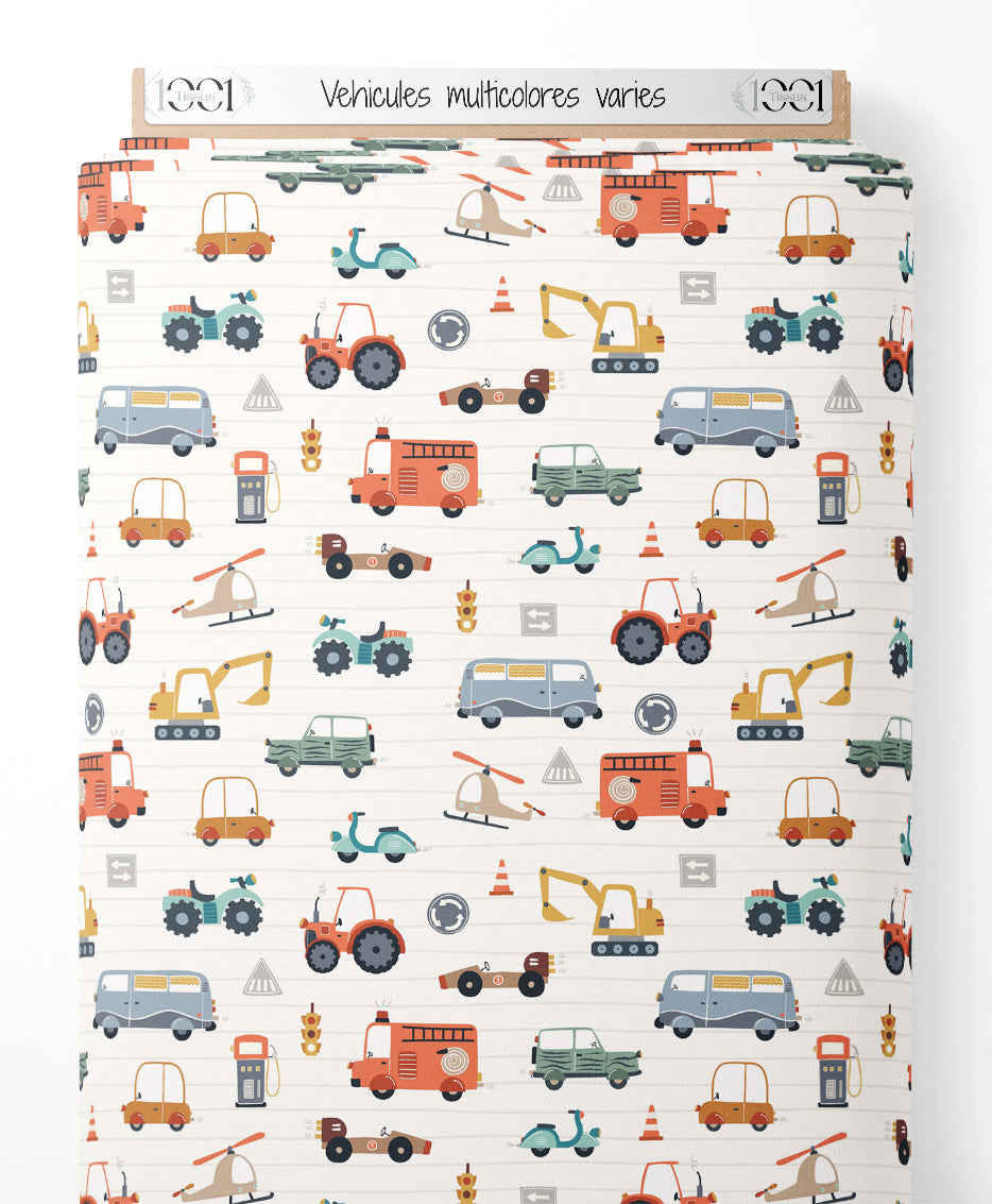 Tissu - Véhicules multicolores variés
