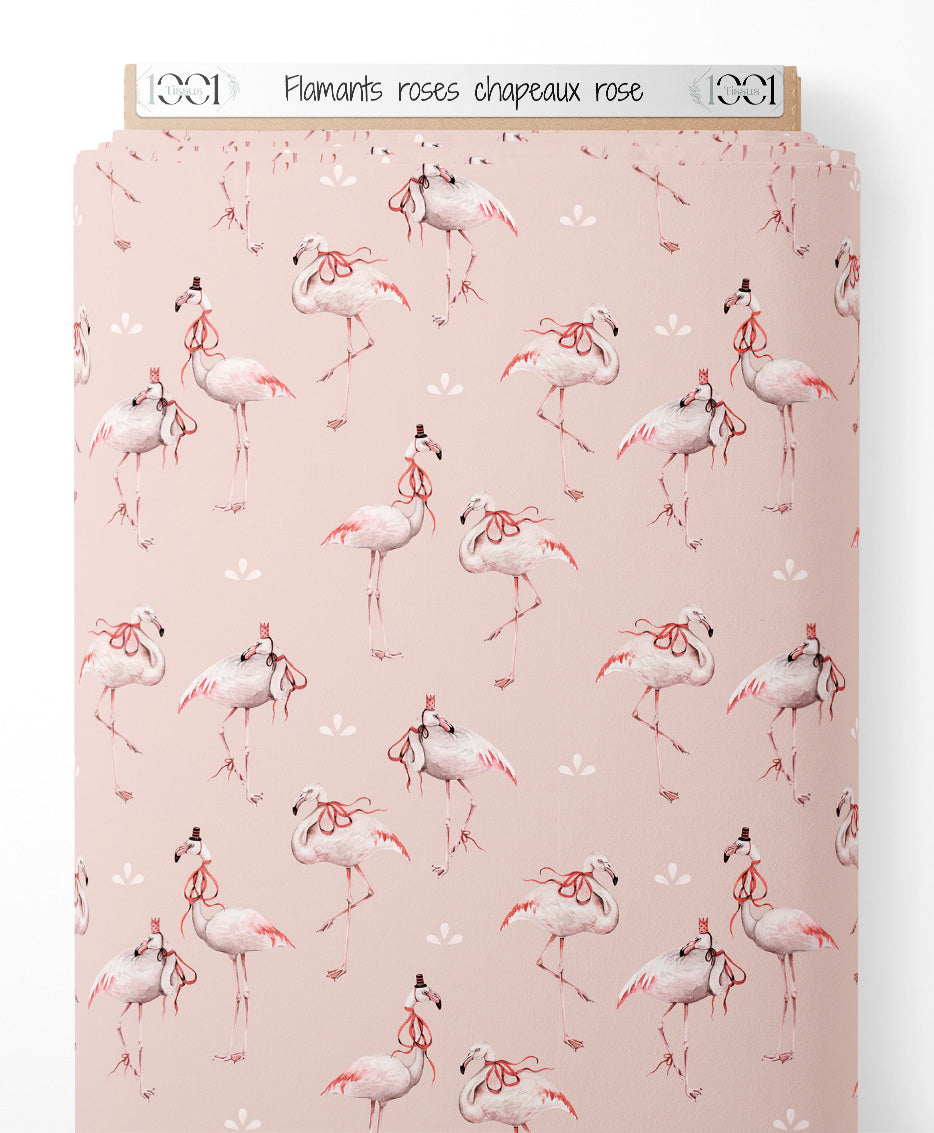 Tissu - Flamants roses chapeaux rose