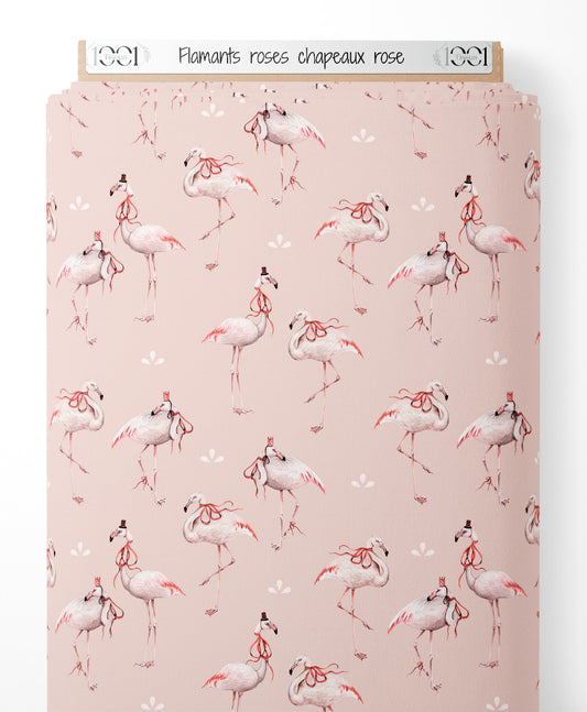 Tissu - Flamants roses chapeaux rose