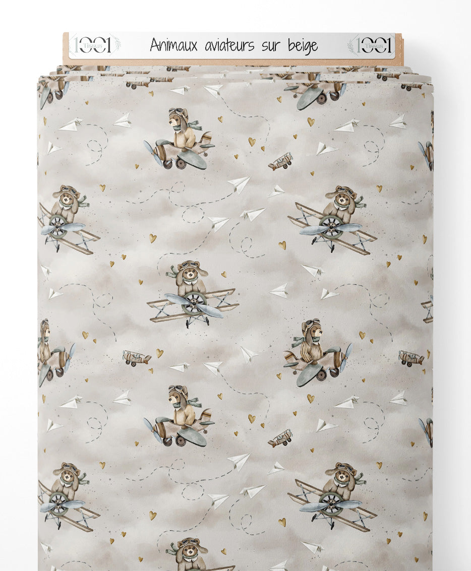 Tissu - Animaux aviateurs sur beige