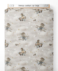 Tissu - Animaux aviateurs sur beige