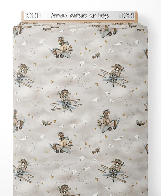 Tissu - Animaux aviateurs sur beige