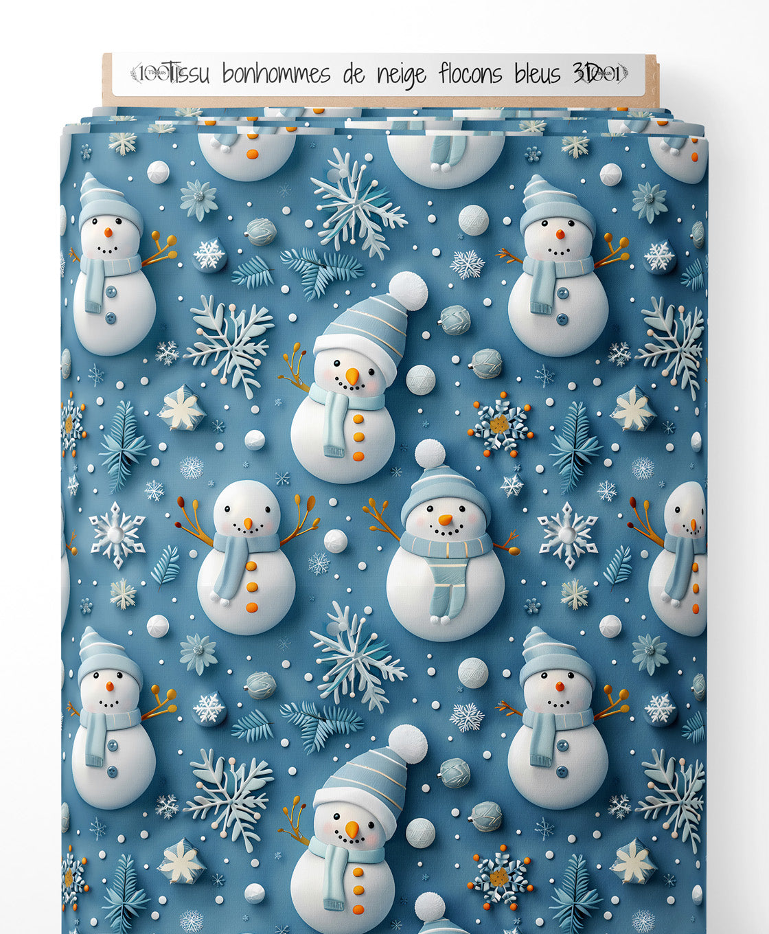 Tissu - bonhommes de neige flocons bleus 3D