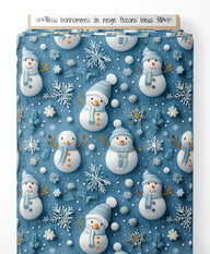 Tissu - bonhommes de neige flocons bleus 3D