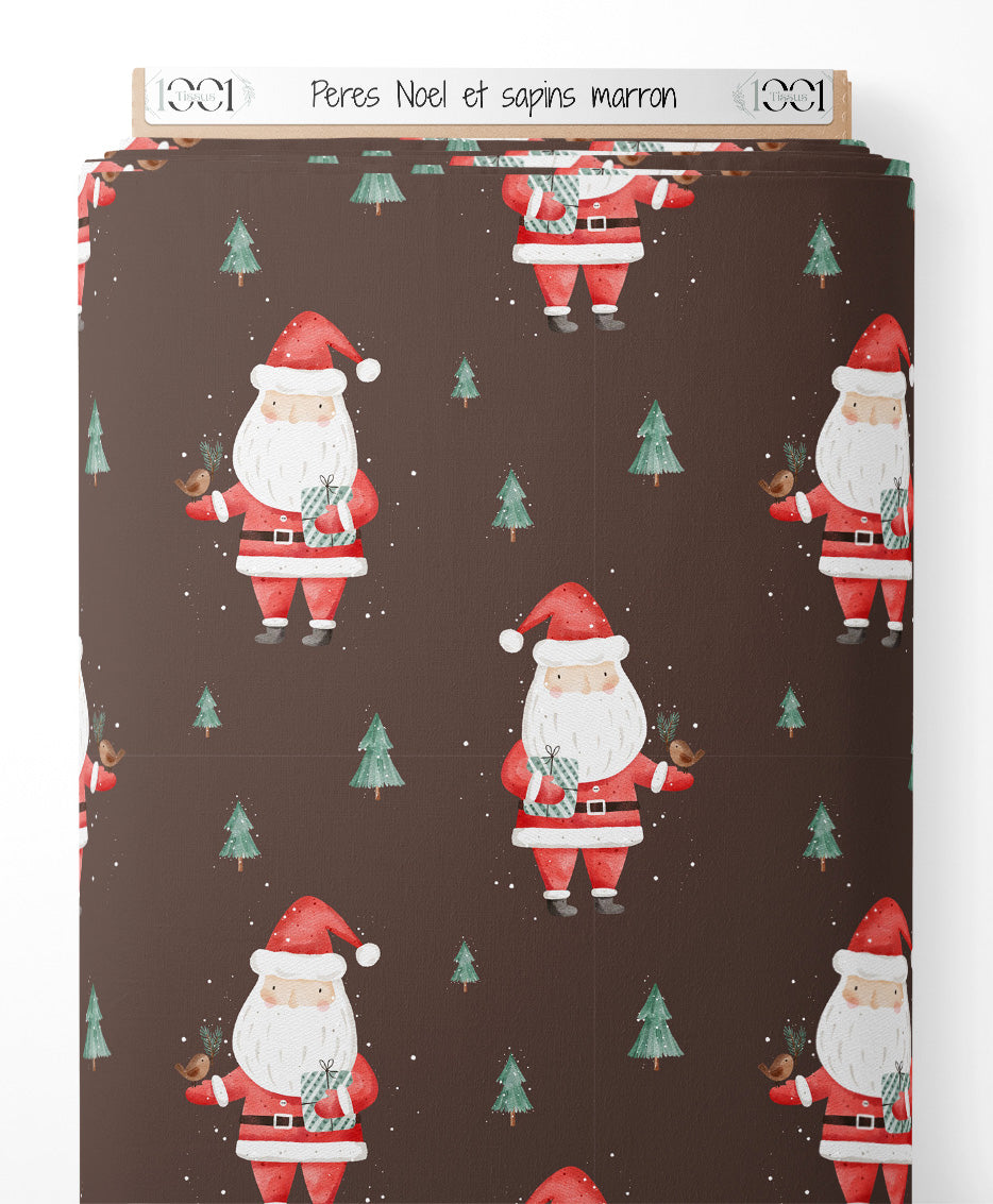 Tissu - Pères Noël et sapins marron