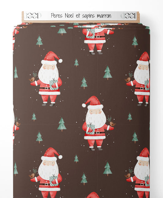 Tissu - Pères Noël et sapins marron