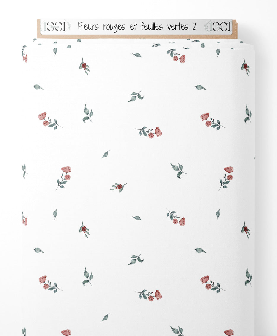 Tissu - Fleurs rouges et feuilles vertes 2