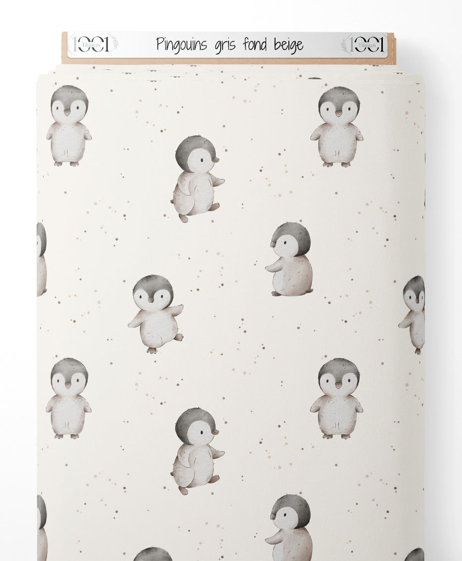 Tissu - Pingouins gris sur fond beige