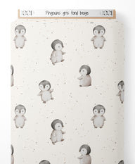Tissu - Pingouins gris sur fond beige