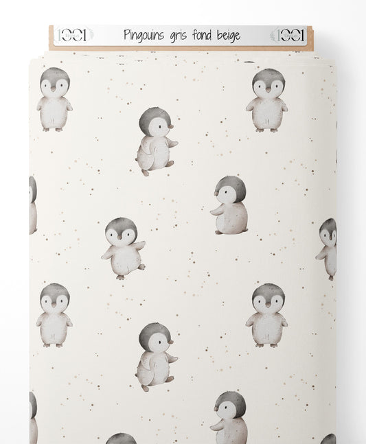 Tissu - Pingouins gris sur fond beige