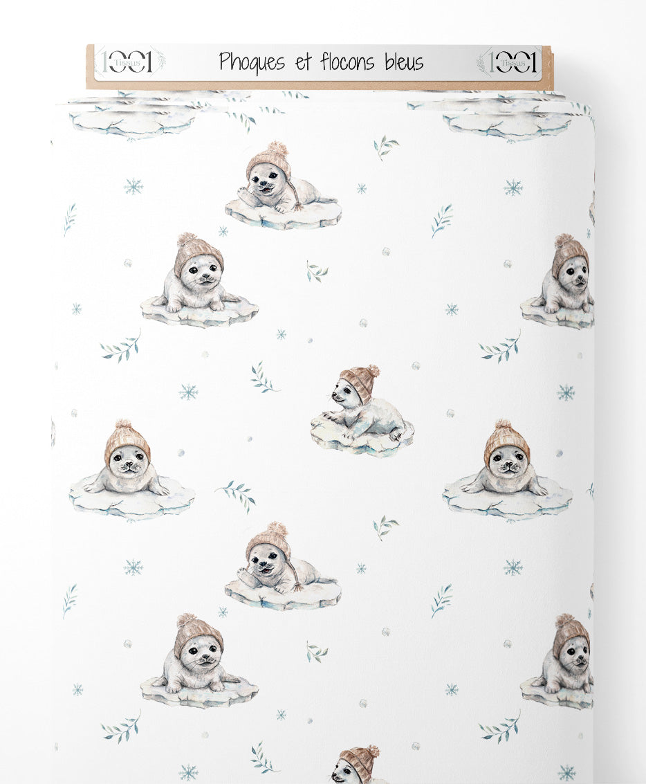 Tissu - Phoques et flocons bleus