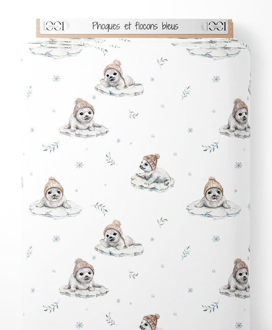 Tissu - Phoques et flocons bleus