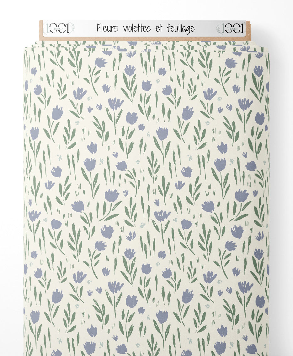 Tissu - Fleurs violettes et feuillage