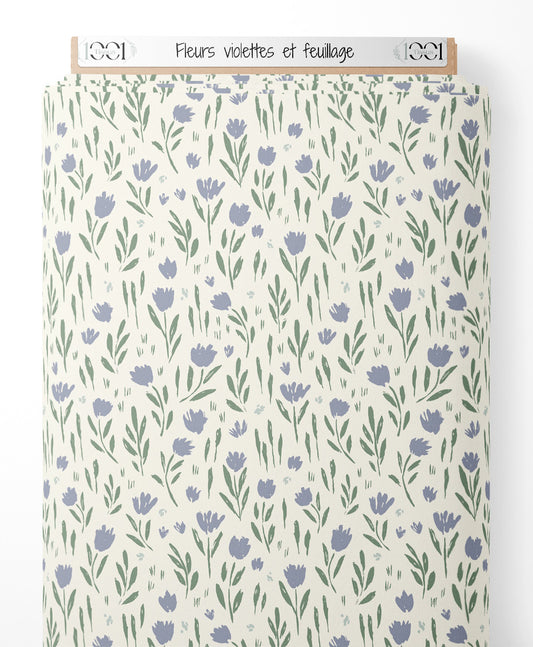 Tissu - Fleurs violettes et feuillage