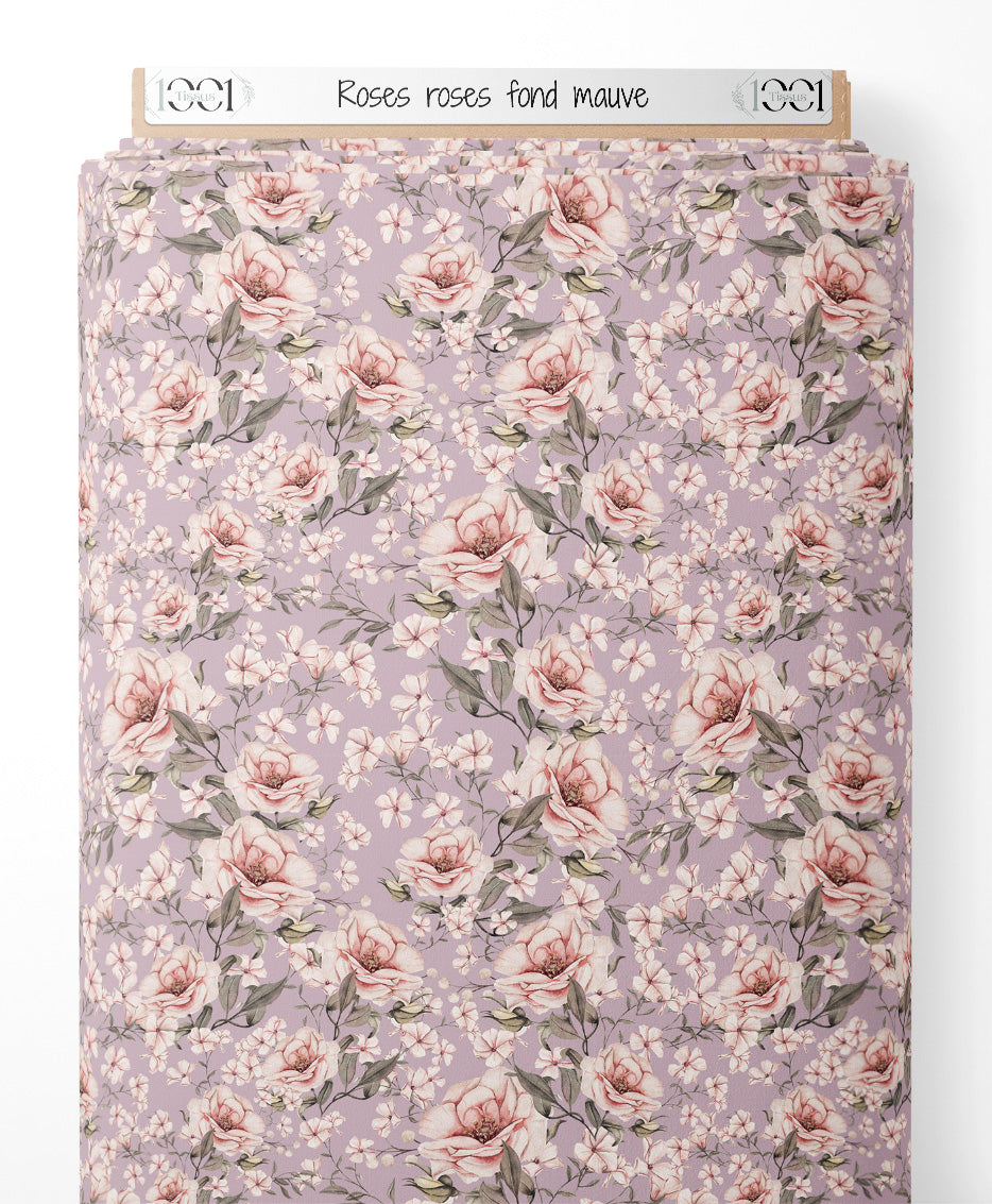 Tissu - Roses roses sur fond mauve