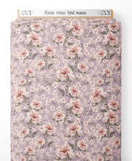 Tissu - Roses roses sur fond mauve