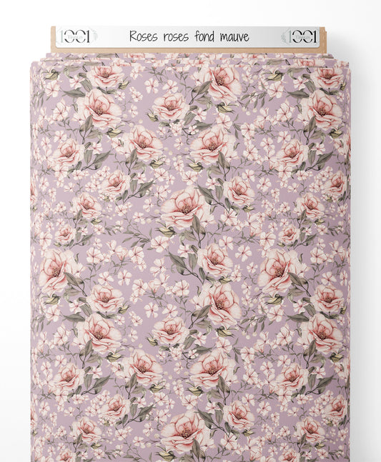 Tissu - Roses roses sur fond mauve