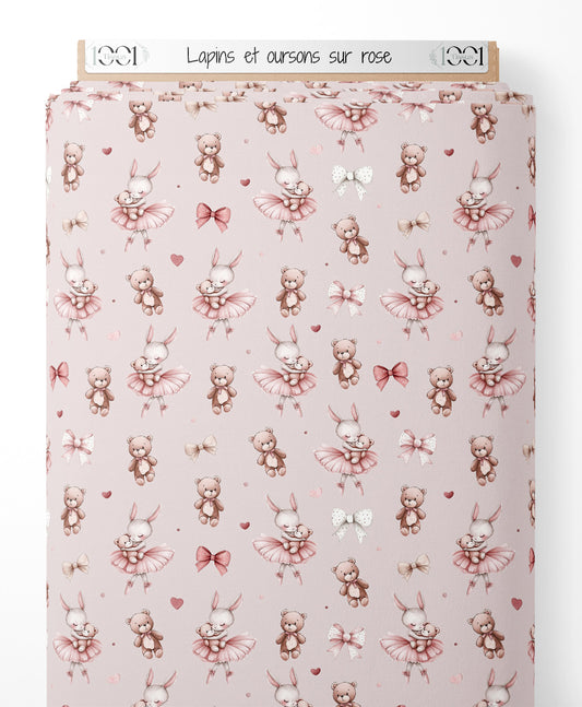 Tissu - Lapins et oursons sur rose