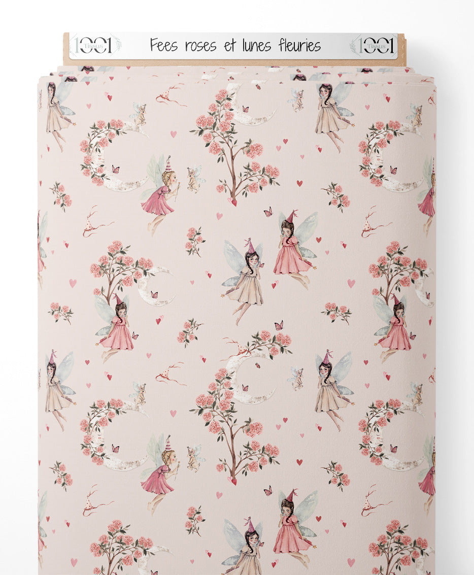 Tissu - Fées roses et lunes fleuries