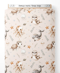Tissu - Animaux marins floraux beige