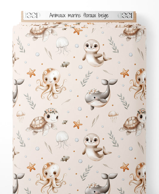 Tissu - Animaux marins floraux beige