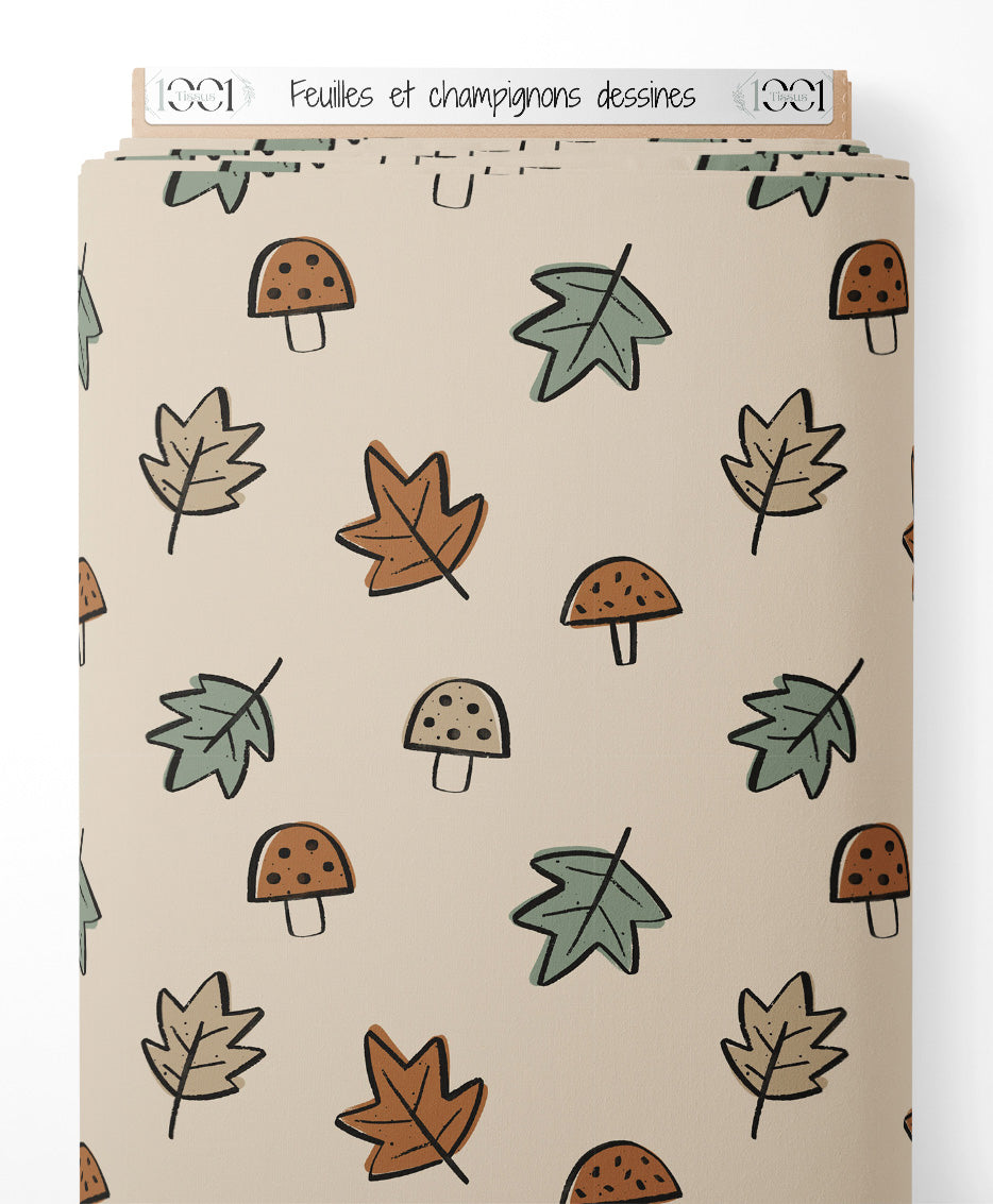 Tissu - Feuilles et champignons dessinés