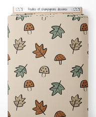 Tissu - Feuilles et champignons dessinés