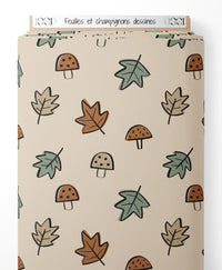 Tissu - Feuilles et champignons dessinés
