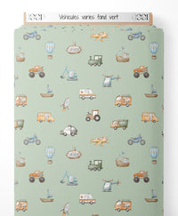 Tissu - Véhicules variés sur fond vert
