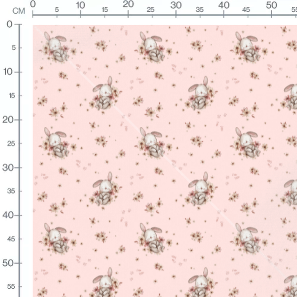 Tissu - Lapins roses et fleurs pastel