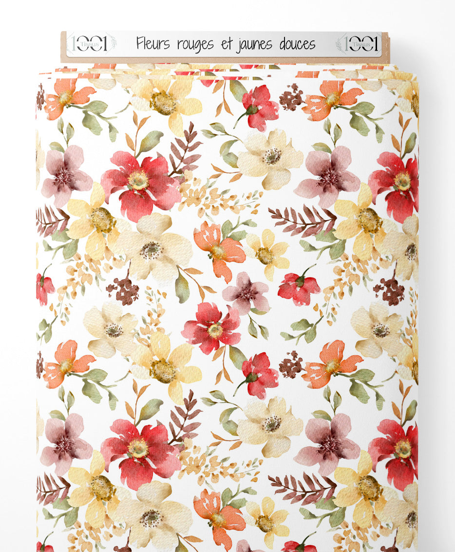 Tissu - Fleurs rouges et jaunes douces