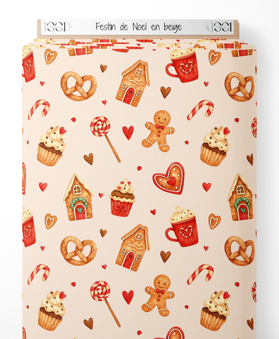 Tissu - Festin de Noël en beige