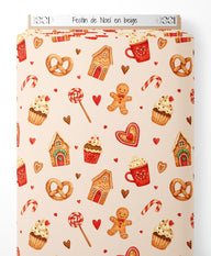 Tissu - Festin de Noël en beige