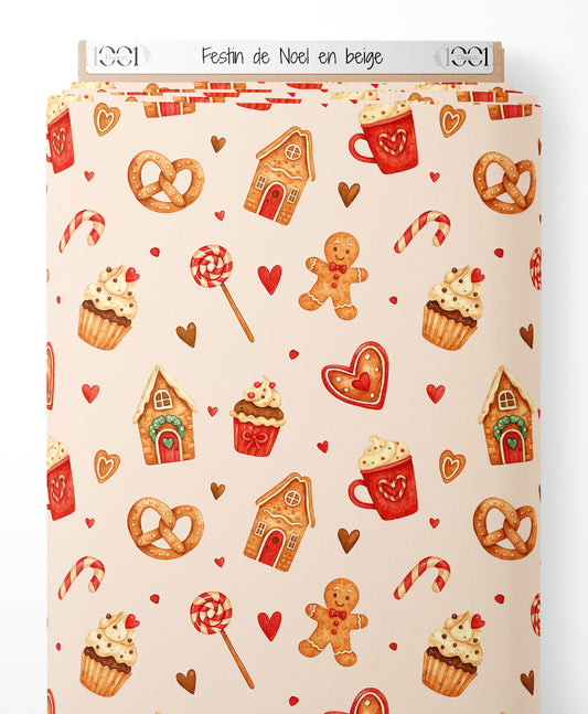 Tissu - Festin de Noël en beige