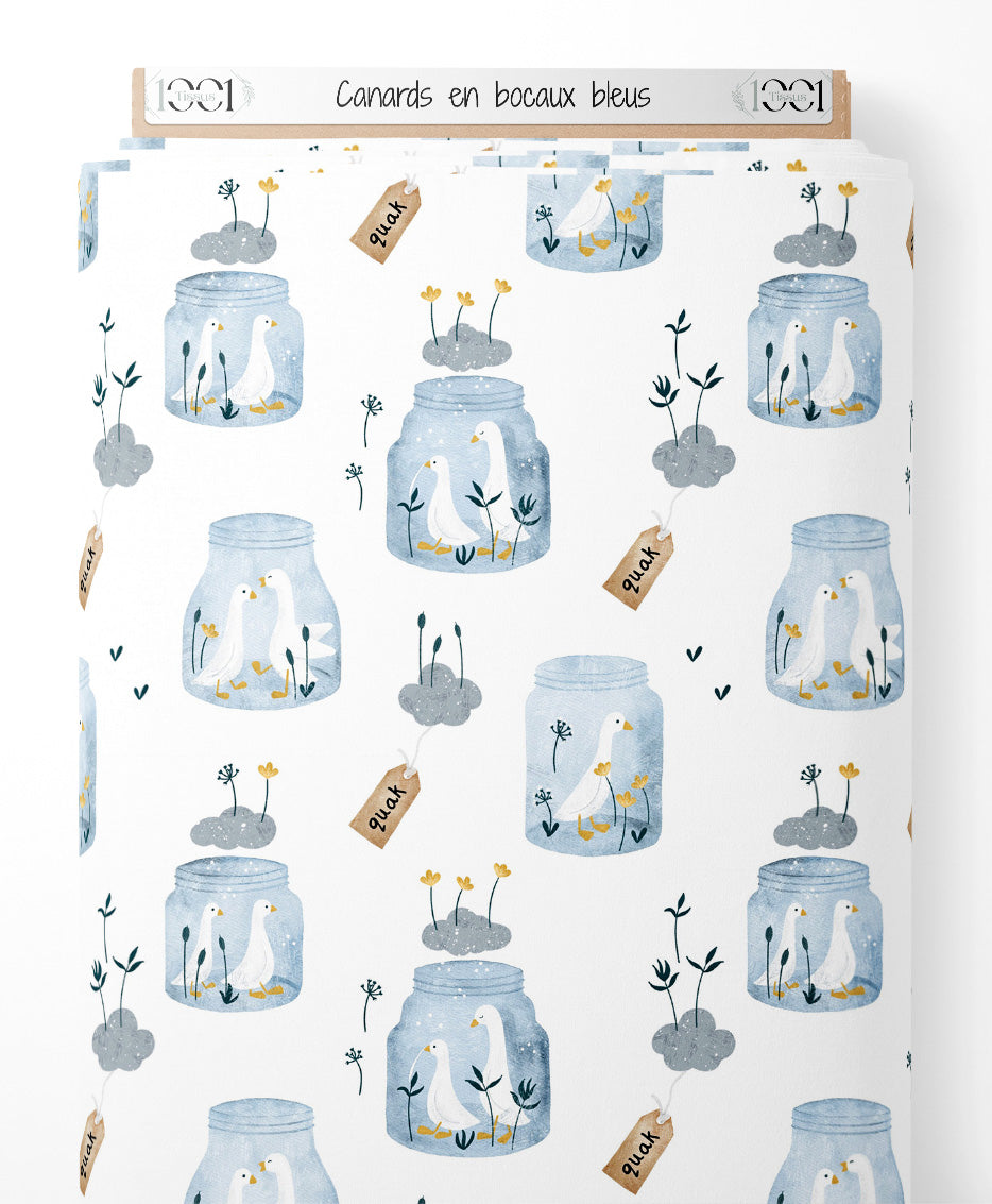Tissu - Canards en bocaux bleus
