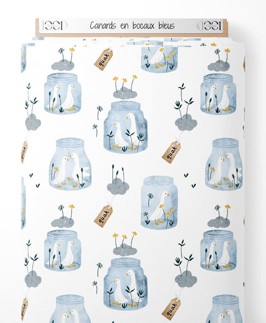 Tissu - Canards en bocaux bleus