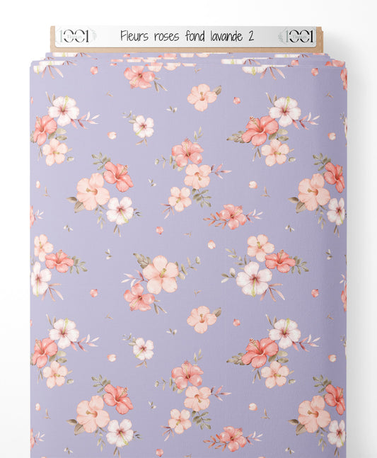 Tissu - Fleurs roses sur fond lavande 2