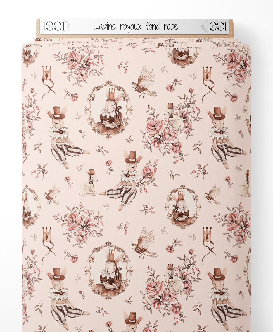 Tissu - Lapins royaux sur fond rose