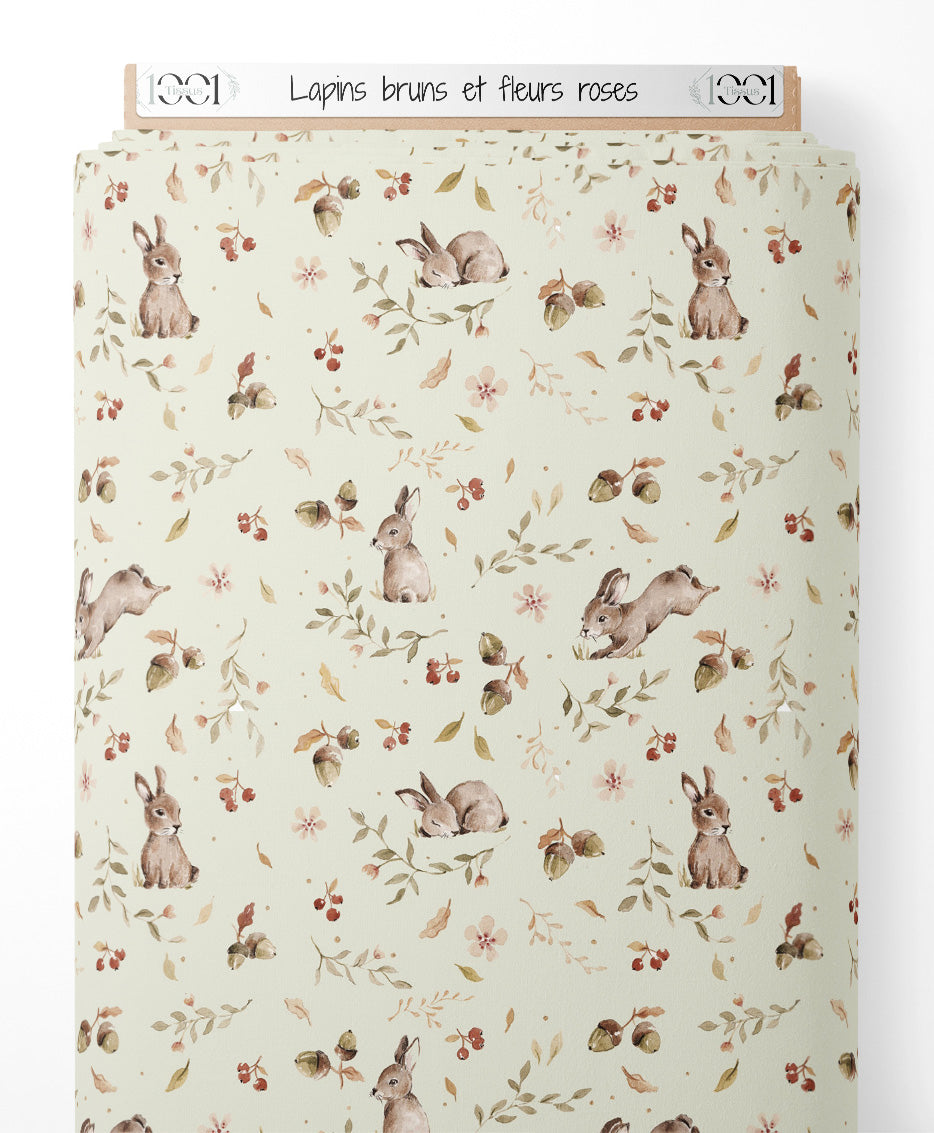 Tissu - Lapins bruns et fleurs roses