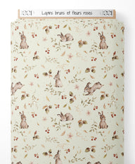 Tissu - Lapins bruns et fleurs roses