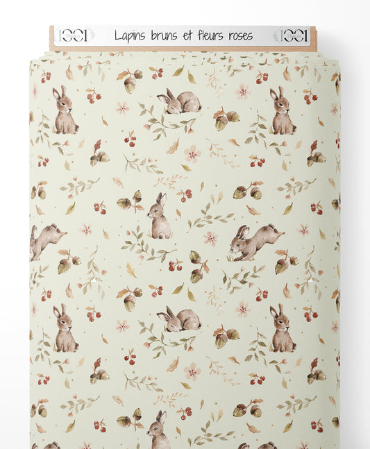 Tissu - Lapins bruns et fleurs roses